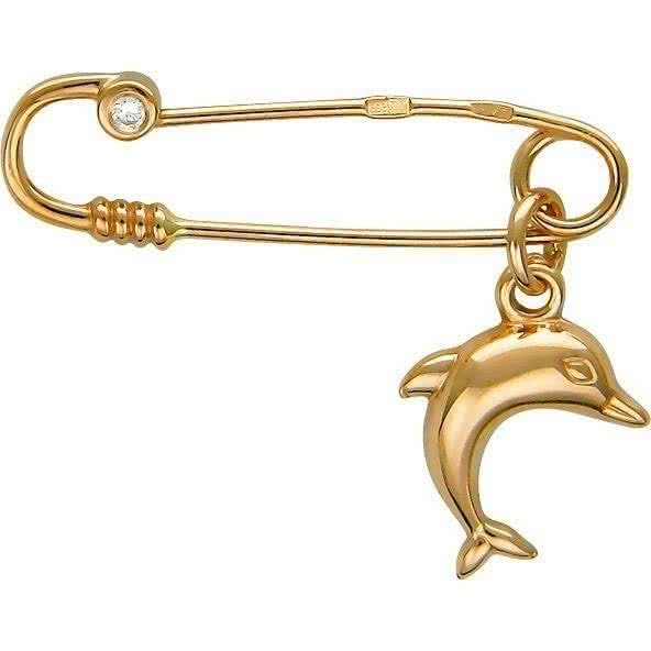 Брошь Дельфин с фианитом из красного золота