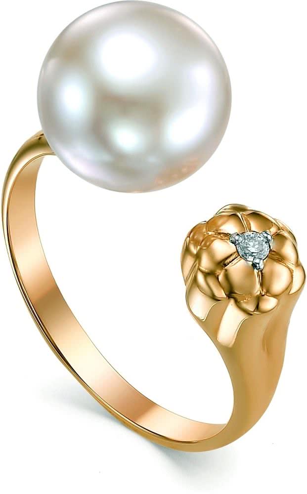 Кольцо Цветок безразмерное с жемчугом и бриллиантом из красного золота