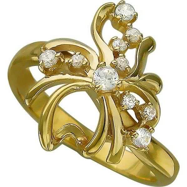 Кольцо Цветок с фианитами из желтого золота