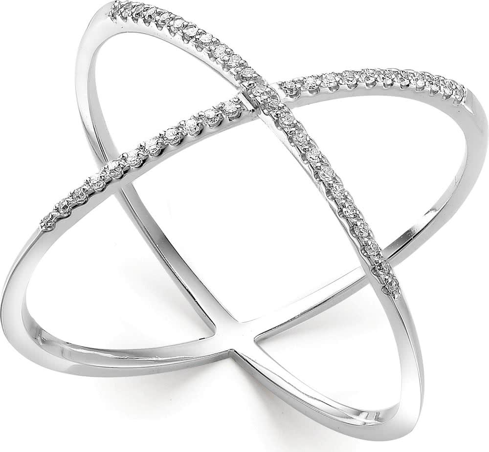 Кольцо Х-формы с дорожкой бриллиантов из белого золота