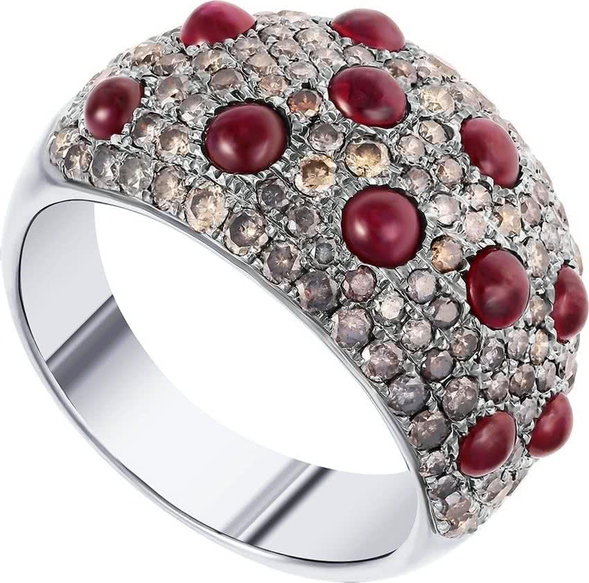 Кольцо с бриллиантами и рубинами из белого золота