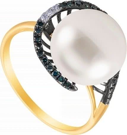Кольцо с бриллиантами и жемчугом из жёлтого золота