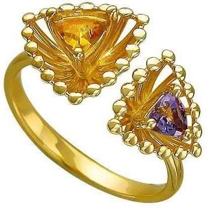 Кольцо с цитрином и аметистом из жёлтого золота