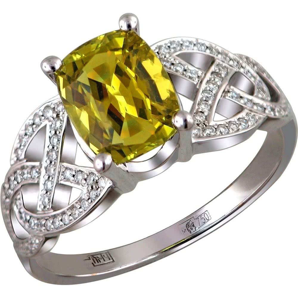 Кольцо с хризобериллом и бриллиантами из белого золота 750 пробы