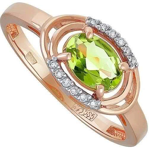 Кольцо с хризолитом и фианитами из красного золота