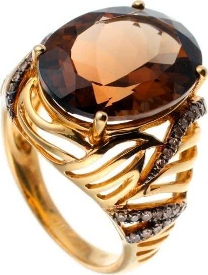 Кольцо с раухтопазом и бриллиантами из жёлтого золота
