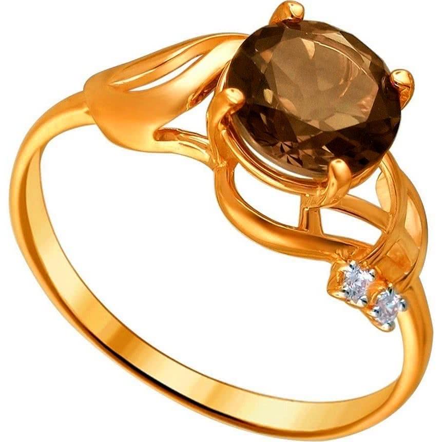 Кольцо с раухтопазом и фианитами из красного золота