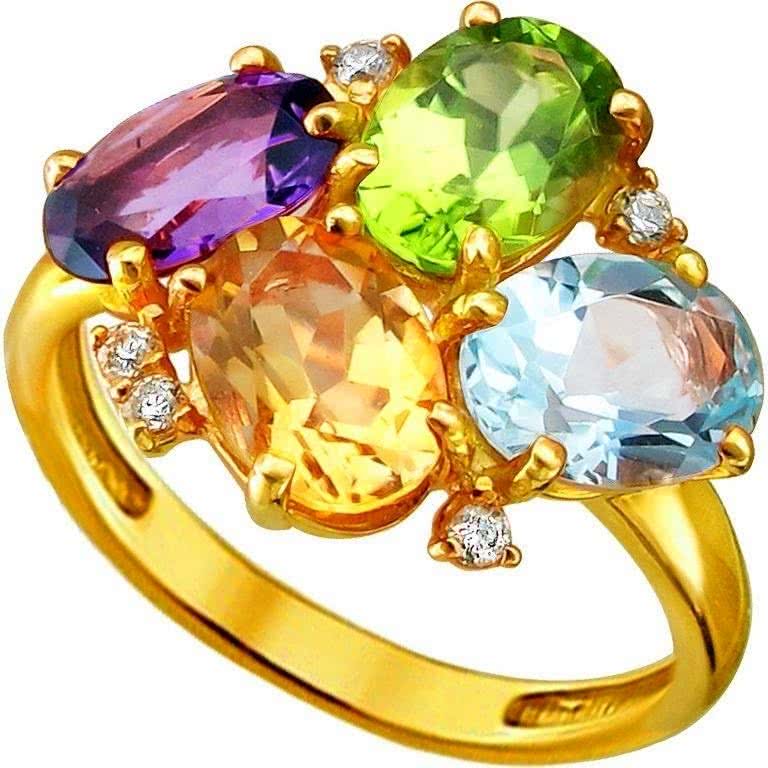 Кольцо с россыпью цветных камней из жёлтого золота