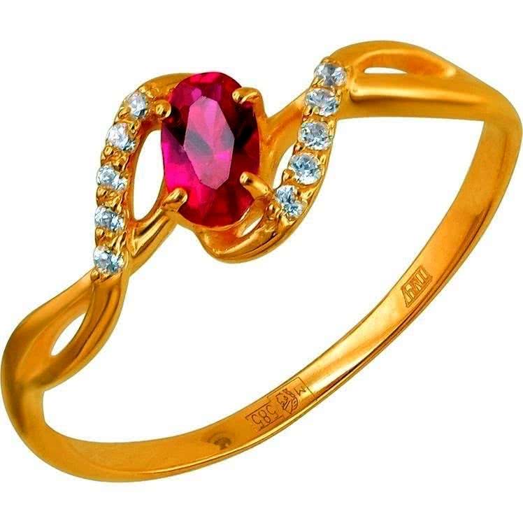 Кольцо с рубином и фианитами из красного золота