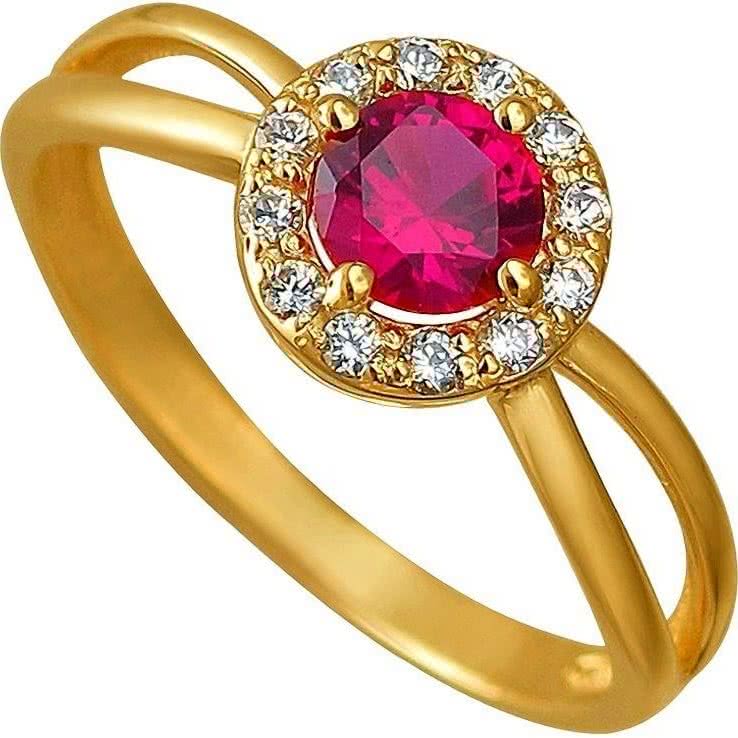 Кольцо с рубином и фианитами из жёлтого золота