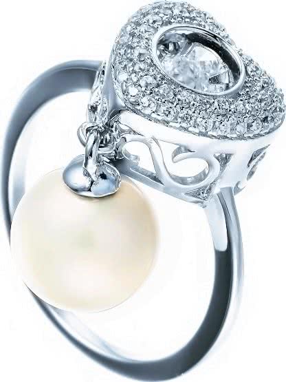 Кольцо с жемчугом и фианитами из серебра