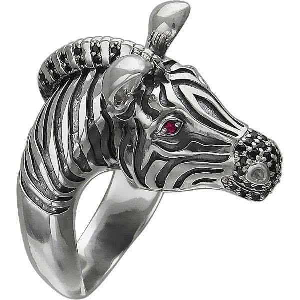 Кольцо Зебра с фианитами и рубинами из серебра