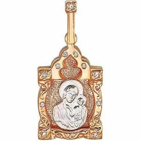 Подвеска-иконка Богородица Казанская с фианитами из комбинированного золота